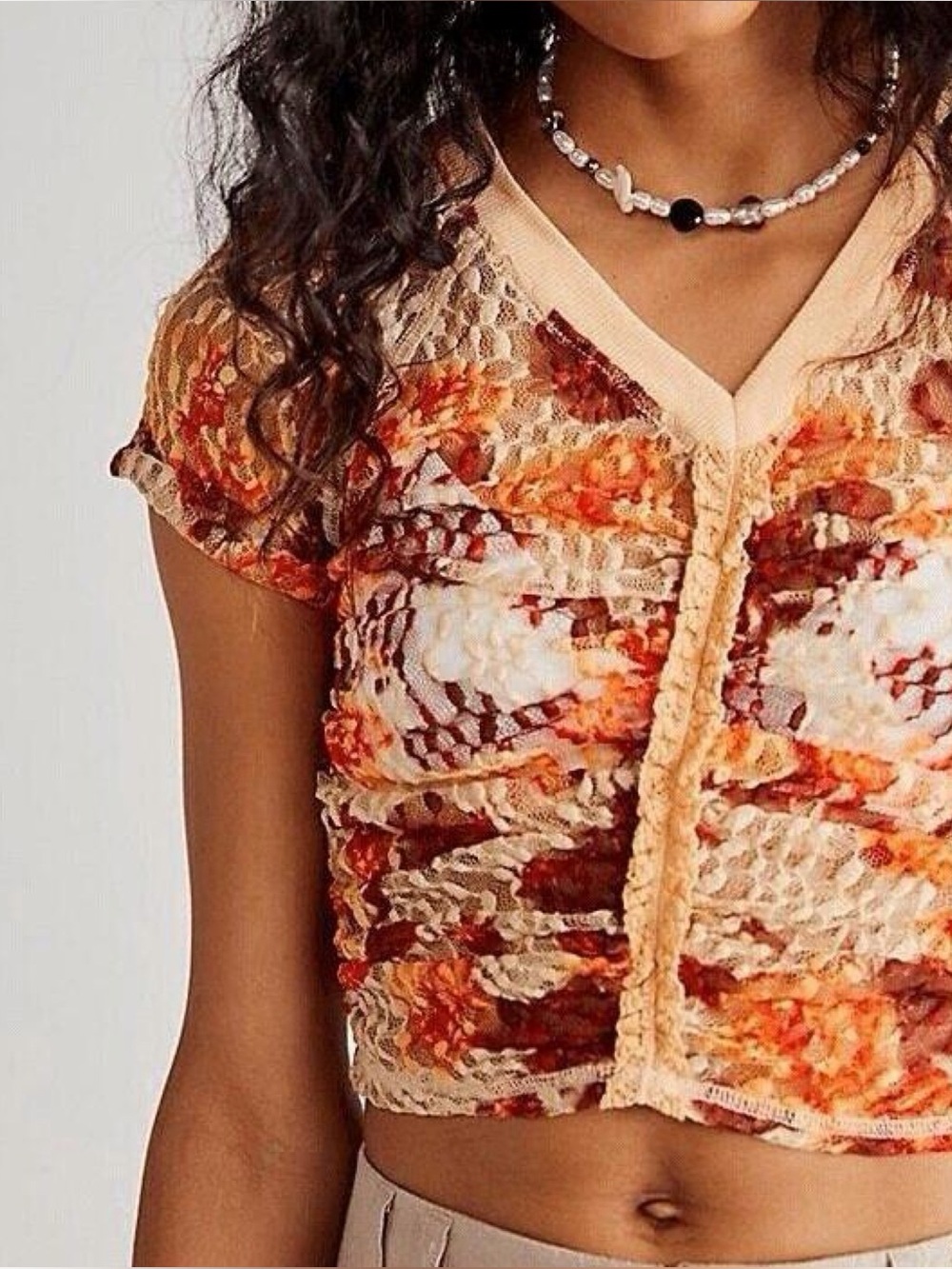 Free People Ruched Lace Floral Crop Top in Peach, Orange & Red